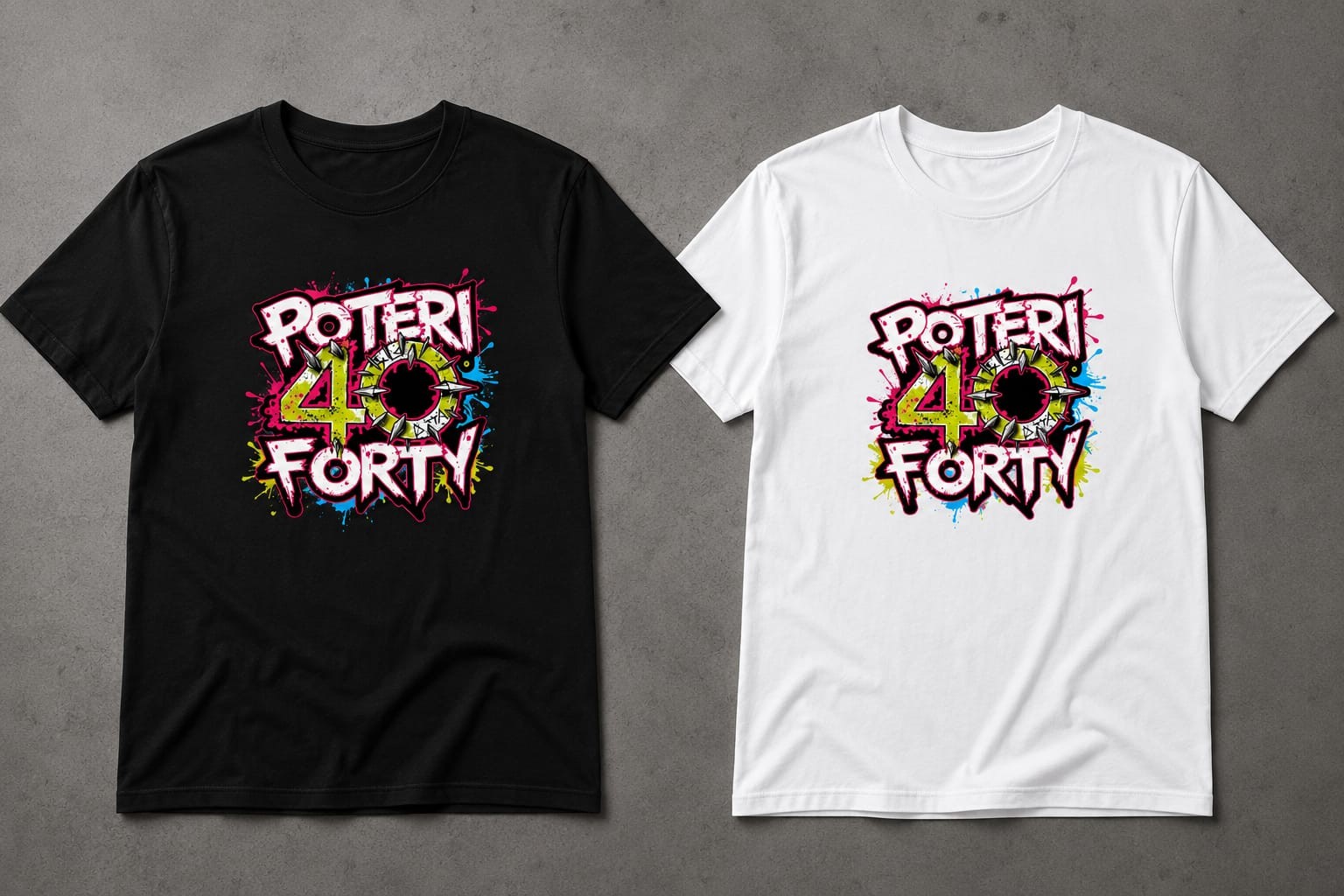 Magliette Poteri Forty con logo colorato, nera e bianca